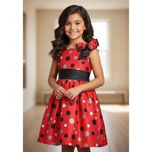 Girls Red Party Dress Size 16 – Black & Grey Polka Dots – Formal Kids Outfit